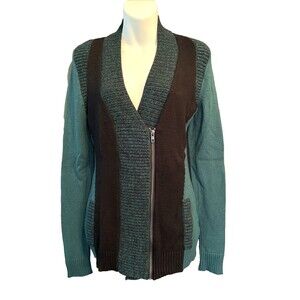Amelie Boutik Asymmetric Zip Long Cardigan Large Colorblock Green Black Sweater
